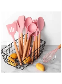 Kitchen Set Kit With 12 Silicone Pieces, Utensils And Cup Holder For Kitchen With Wooden Handle - Baby Pink - View 2