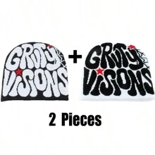 2025 New Knitted Hat, European And American Fashion Letter Jacquard Knitted Hat, Autumn/Winter Sports Warm Beanie Cap For Men & Women - Black and White (2 Pieces) - View 2