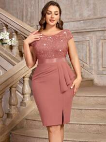 Plus Sequin Lace Bodice Ruffle Split Thigh Wrap Hem Cocktail Party Bodycon Dress, Valentine's Day Dress, Summer Dress, Evening Party Dress, Graduation Dress, For Birthday, Wedding Guest, Homecoming - Dusty Pink - View 6