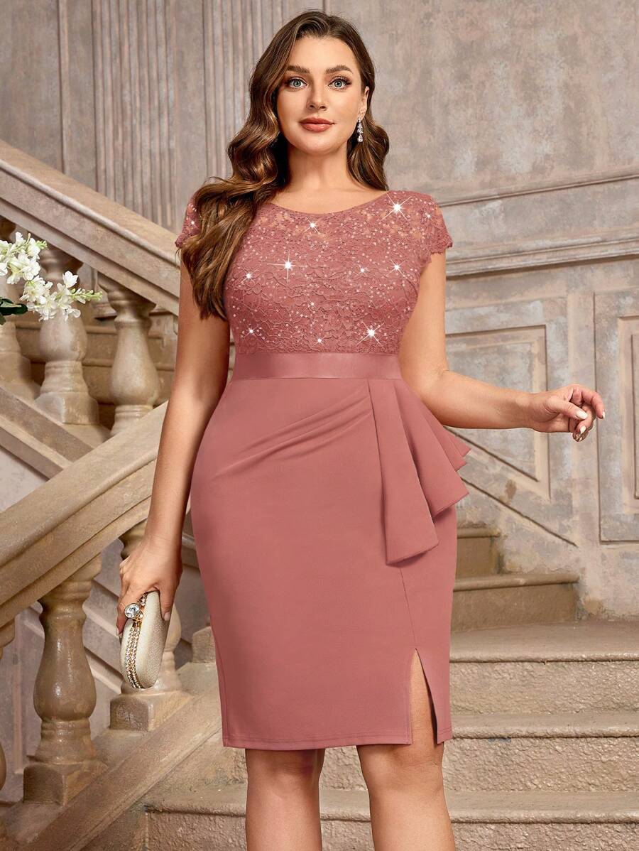 Plus Sequin Lace Bodice Ruffle Split Thigh Wrap Hem Cocktail Party Bodycon Dress, Valentine's Day Dress, Summer Dress, Evening Party Dress, Graduation Dress, For Birthday, Wedding Guest, Homecoming