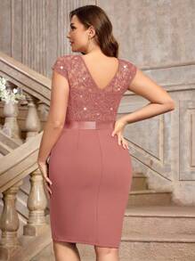 Plus Sequin Lace Bodice Ruffle Split Thigh Wrap Hem Cocktail Party Bodycon Dress, Valentine's Day Dress, Summer Dress, Evening Party Dress, Graduation Dress, For Birthday, Wedding Guest, Homecoming - Dusty Pink - View 3