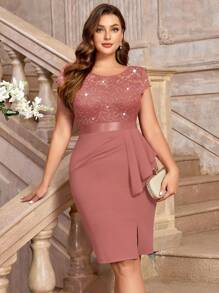 Plus Sequin Lace Bodice Ruffle Split Thigh Wrap Hem Cocktail Party Bodycon Dress, Valentine's Day Dress, Summer Dress, Evening Party Dress, Graduation Dress, For Birthday, Wedding Guest, Homecoming - Dusty Pink - View 4