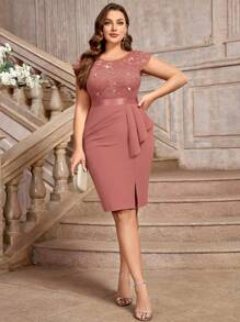 Plus Sequin Lace Bodice Ruffle Split Thigh Wrap Hem Cocktail Party Bodycon Dress, Valentine's Day Dress, Summer Dress, Evening Party Dress, Graduation Dress, For Birthday, Wedding Guest, Homecoming - Dusty Pink - View 8