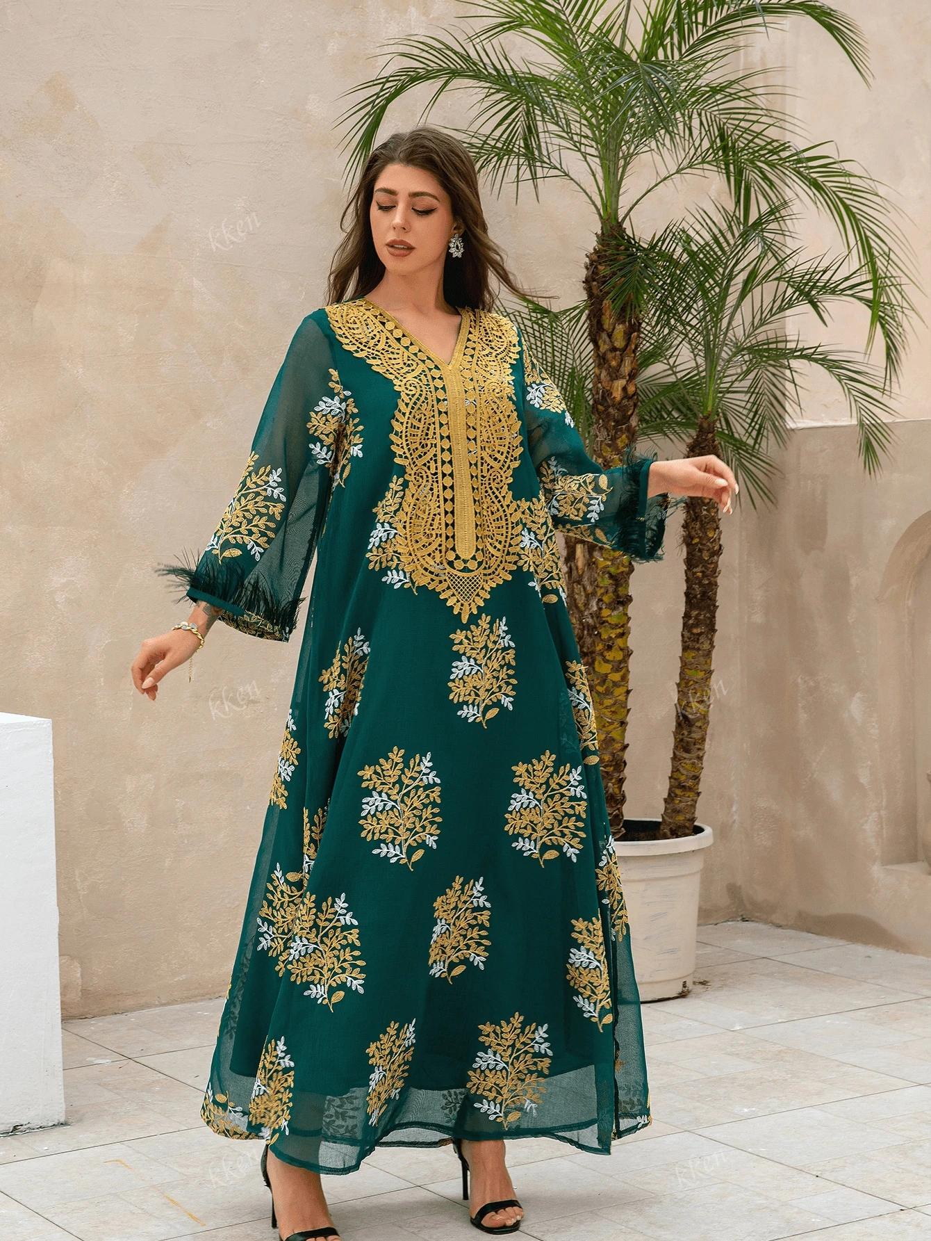VNeck Mesh Embroidered Ostrich Hair Trimmed Dress Jalabiya Arabian