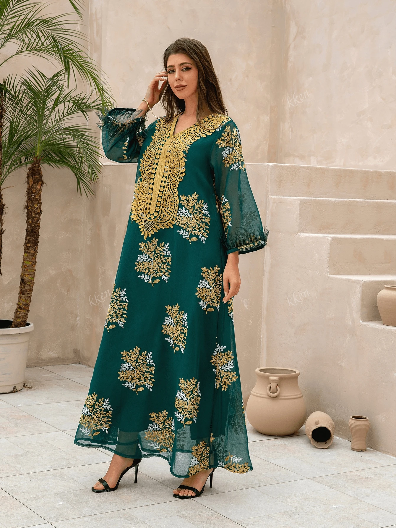 VNeck Mesh Embroidered Ostrich Hair Trimmed Dress Jalabiya Arabian