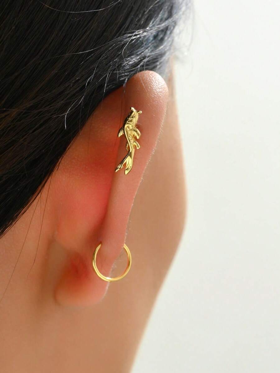 2 Pasang Anting Hoop dan Anting Tusuk Motif Ikan Emas Keberuntungan yang Elegan, Aksesoris Perhiasan Wanita - Yellow Gold - View 1