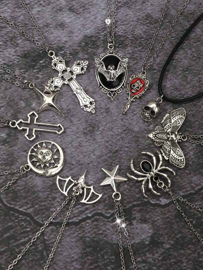5 件复古哥特摇滚风格项链套装 - 蝙蝠、太阳、星星、月亮、十字架、猫头、剑、蛇、黑石十字架、骷髅镜、骷髅心、骷髅手水钻、星星、蜘蛛、大星星设计，男女皆宜，波西米亚时尚首饰，万圣节配饰