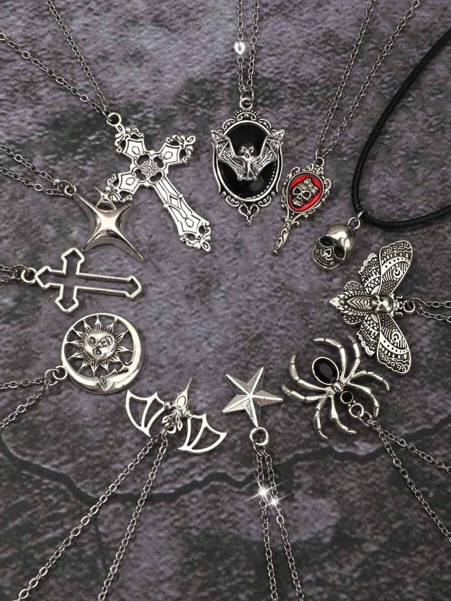 Bộ 5 vòng cổ phong cách Gothic Rock cổ điển - Dơi, Mặt trời, Ngôi sao, Mặt trăng, Thánh giá, Đầu mèo, Kiếm, Rắn, Thánh giá đá đen, Gương đầu lâu, Trái tim đầu lâu, Đá quý hình bàn tay đầu lâu, Ngôi sao, Nhện, Thiết kế ngôi sao lớn dành cho nam và nữ, Trang sức thời trang Bohemian, Phụ kiện Halloween - Ngôi sao - Xem 1