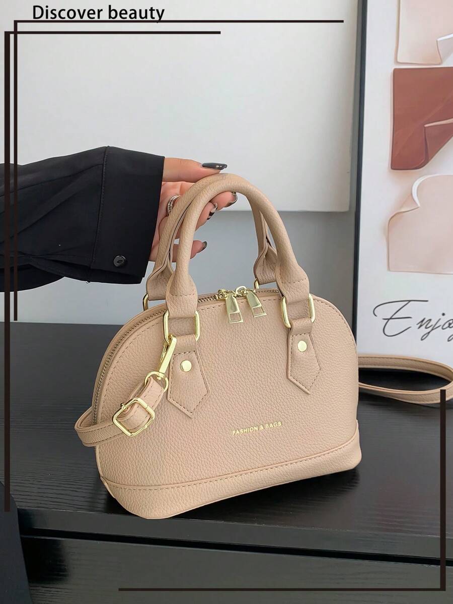 1pc Litchi Grain Solid Color Handbag With Detachable Adjustable Strap, Mini Stylish Bag For Women - Khaki - View 1