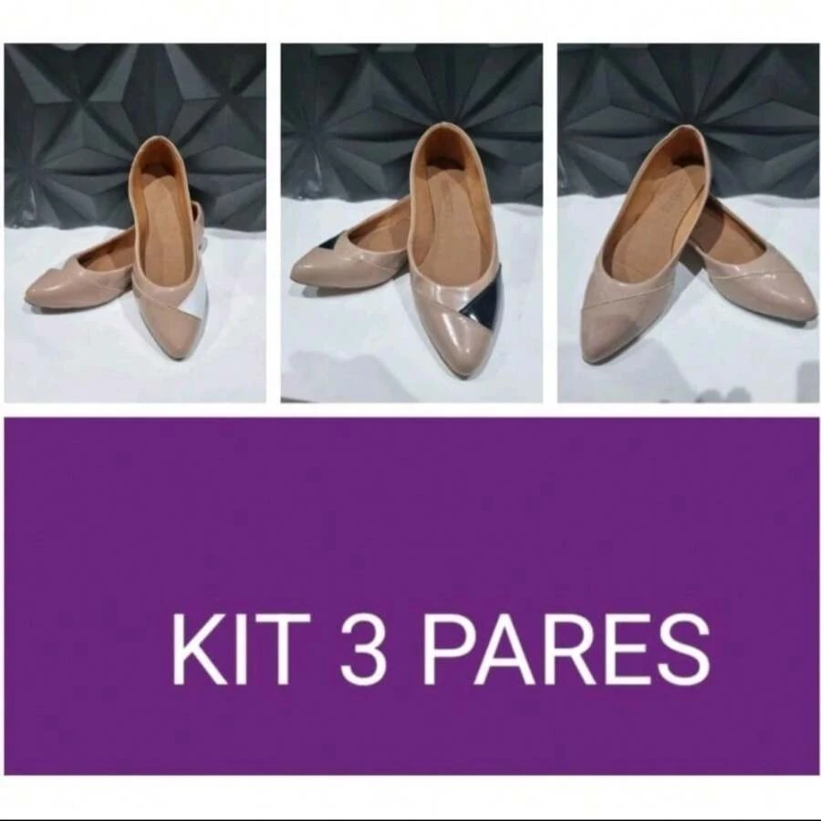 KIT DE 3 PARES DE SAPATILHAS FEMININAS BICO FINO - Bege - Visão 1