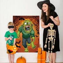 1pc Pin The Eyeball On The Zombie Halloween Party Game , Halloween Party Favors, Zombie Game Poster With Eyeball Stickers And Blindfold For Birthday Party Supplies