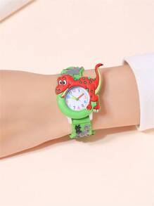 Reloj para niños con correa de silicona y esfera con patrón lindo de dinosaurios de cuarzo - Verde - Ver 3