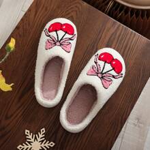 Zapatillas de estar por casa con bordado lindo de cerezo con lazo, diseño de frutas, de felpa cálida, para mujer, regalo de Navidad/fiesta