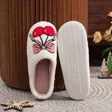 Zapatillas de estar por casa con bordado lindo de cerezo con lazo, diseño de frutas, de felpa cálida, para mujer, regalo de Navidad/fiesta