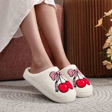 Zapatillas de estar por casa con bordado lindo de cerezo con lazo, diseño de frutas, de felpa cálida, para mujer, regalo de Navidad/fiesta