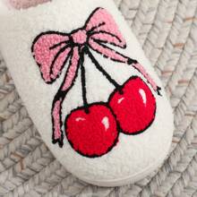 Zapatillas de estar por casa con bordado lindo de cerezo con lazo, diseño de frutas, de felpa cálida, para mujer, regalo de Navidad/fiesta