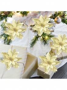 圣诞一品红人造花装饰 5.5 英寸圣诞树花环花环装饰 5 件闪光花饰装饰 适用于圣诞节新年婚礼派对装饰品、圣诞装饰、圣诞节、房间装饰、厨房、圣诞树 - 彩色 - 查看 4