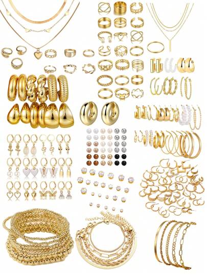 30pcs/35pcs/47pcs/54pcs/68pcs/108pcs Heart, Flower, Butterfly Faux Pearl & Crystal Jewelry Set Including Rings, Earrings, Necklace, Bracelet For Women, Gift For Date, Vacation, Daily Matching (No Box) (Actual Item Size May Differ Slightly From Image)