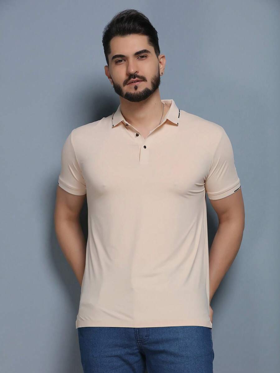 MEN'S PLAIN POLO NECK T-SHIRT Luxury Short Sleeve T-SHIRT WITH POCKET Casual Fashion Ice Silk Fabric Good Elasticity More Breathable And Comfortable - Màu be - Xem 1