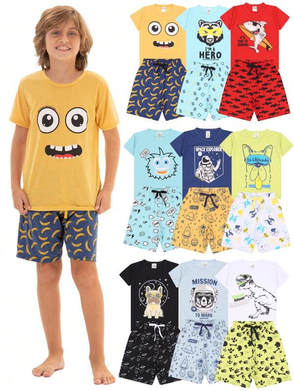 Kit Sortido 10 Peças Pijama Infantil Menino - 5 Camisetas + 5 Bermudas - Kit com 5 Pijamas de Roupa Infantil Menino Verão Bebê