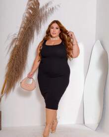 Plus Size Sheath Dress - màu đen - Xem 3