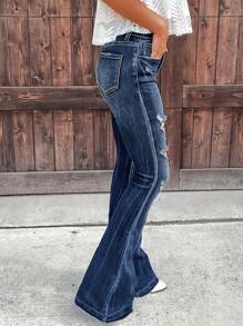Blue Multifunctional Perforated Flared Jeans For Women, With Frayed Edges And Hem, Straight Hips, Slim Fit Women's Jeans And Clothing - 深色水洗藍 - 查看 2