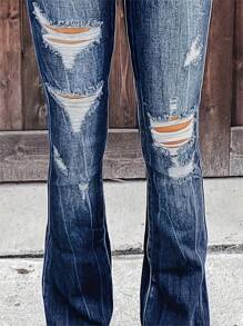 Blue Multifunctional Perforated Flared Jeans For Women, With Frayed Edges And Hem, Straight Hips, Slim Fit Women's Jeans And Clothing - 深色水洗藍 - 查看 4