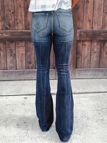 Blue Multifunctional Perforated Flared Jeans For Women, With Frayed Edges And Hem, Straight Hips, Slim Fit Women's Jeans And Clothing - 深色水洗藍 - 查看 3