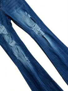 Blue Multifunctional Perforated Flared Jeans For Women, With Frayed Edges And Hem, Straight Hips, Slim Fit Women's Jeans And Clothing - 深色水洗藍 - 查看 5