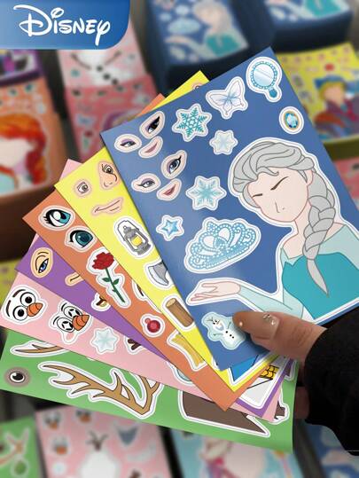 Disney 8pcs  Cartoon Frozen Puzzle Stickers DIY Jigsaw Assembling!For Make Your Own Characters, Christmas Gift Stickers For Crafts Waterproof PVC Gift Decals