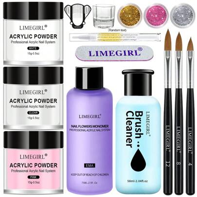 LIMEGIRL طقم أظافر أكريليك، طقم بودرة أكريليك وسائل مونومر مع 3 فرش أظافر، 1 زجاجة محلول تنظيف الفرشاة، بودرة أكريليك شفافة وردية وبيضاء للأظافر، زيت البشرة، ملمع الأظافر، 3 بودرة بريق للأظافر، كأس كريستال، نموذج ورقي لتمديد الأظافر الأكريليكية للمبتدئين