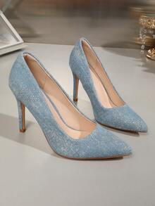 OMS 女士时尚高跟鞋，4 季黑色尖头绒面革高跟鞋，优雅正式办公室、学生和工作鞋 - 藍色 - 查看 3