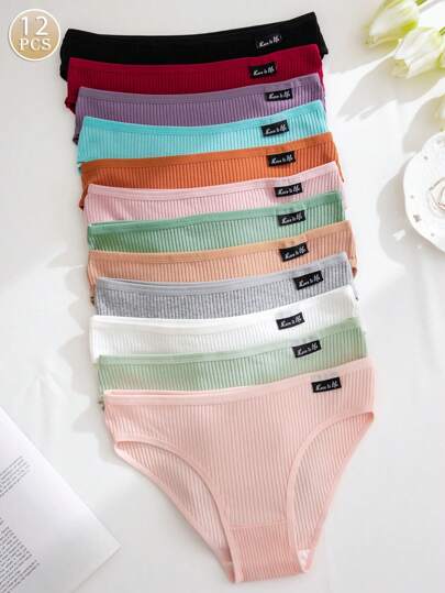 12 件罗纹针织透气舒适内裤套装，适合女孩的可爱内衣