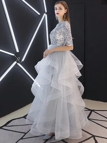 圆领闪光半袖薄纱晚礼服，长款舞会礼服，优雅礼服，适合婚礼嘉宾、毕业典礼、晚宴