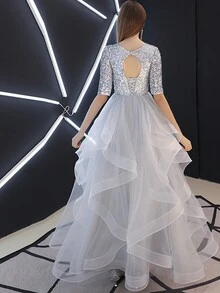 圆领闪光半袖薄纱晚礼服，长款舞会礼服，优雅礼服，适合婚礼嘉宾、毕业典礼、晚宴