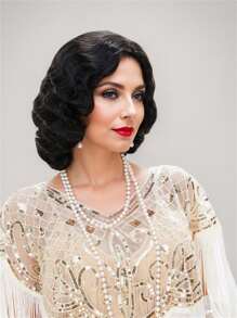 15英寸黑色手指波浪假发，20世纪20年代复古风格，中长卷曲波浪合成假发，适合女性日常角色扮演、万圣节、圣诞节、新年派对等场合。 - 黑色 - 查看 1