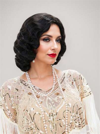 15英寸黑色手指波浪假发，20世纪20年代复古风格，中长卷曲波浪合成假发，适合女性日常角色扮演、万圣节、圣诞节、新年派对等场合。