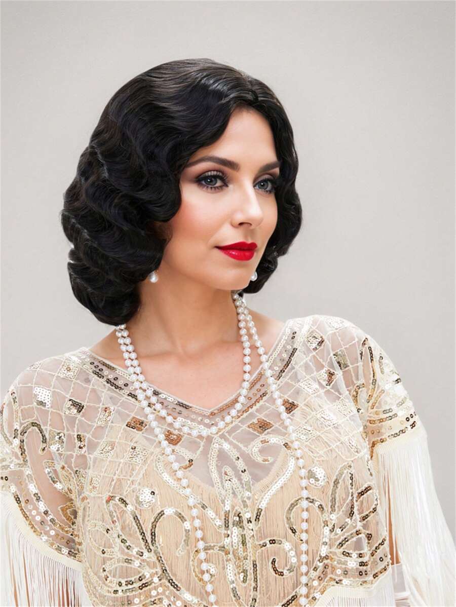 15英寸黑色手指波浪假发，20世纪20年代复古风格，中长卷曲波浪合成假发，适合女性日常角色扮演、万圣节、圣诞节、新年派对等场合。 - 黑色 - 查看 1