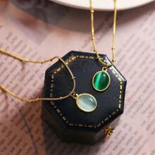 Necklace Niche Light Luxury Oval Necklace Natural Pendant Blue Stars Sea Temperament Simple Elegant Design Sense Clavicle Chain - 綠松石色 - 查看 6