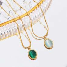 Necklace Niche Light Luxury Oval Necklace Natural Pendant Blue Stars Sea Temperament Simple Elegant Design Sense Clavicle Chain - 綠松石色 - 查看 5