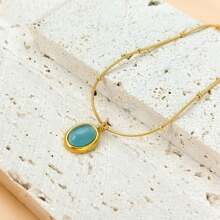Necklace Niche Light Luxury Oval Necklace Natural Pendant Blue Stars Sea Temperament Simple Elegant Design Sense Clavicle Chain - 綠松石色 - 查看 1