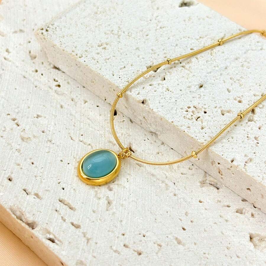 Necklace Niche Light Luxury Oval Necklace Natural Pendant Blue Stars Sea Temperament Simple Elegant Design Sense Clavicle Chain - 綠松石色 - 查看 1