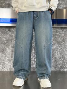 青少年男孩一件式時尚洗水牛仔寬腿褲，春秋系列 - 藍色 - 查看 2