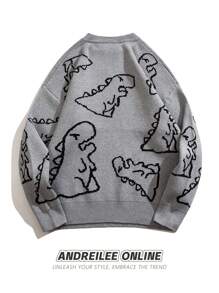 ANDREILEE Men's Long Sleeve Dinosaur Pattern Sweater - Grey - View 2