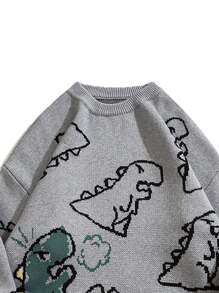 ANDREILEE Men's Long Sleeve Dinosaur Pattern Sweater - Grey - View 3