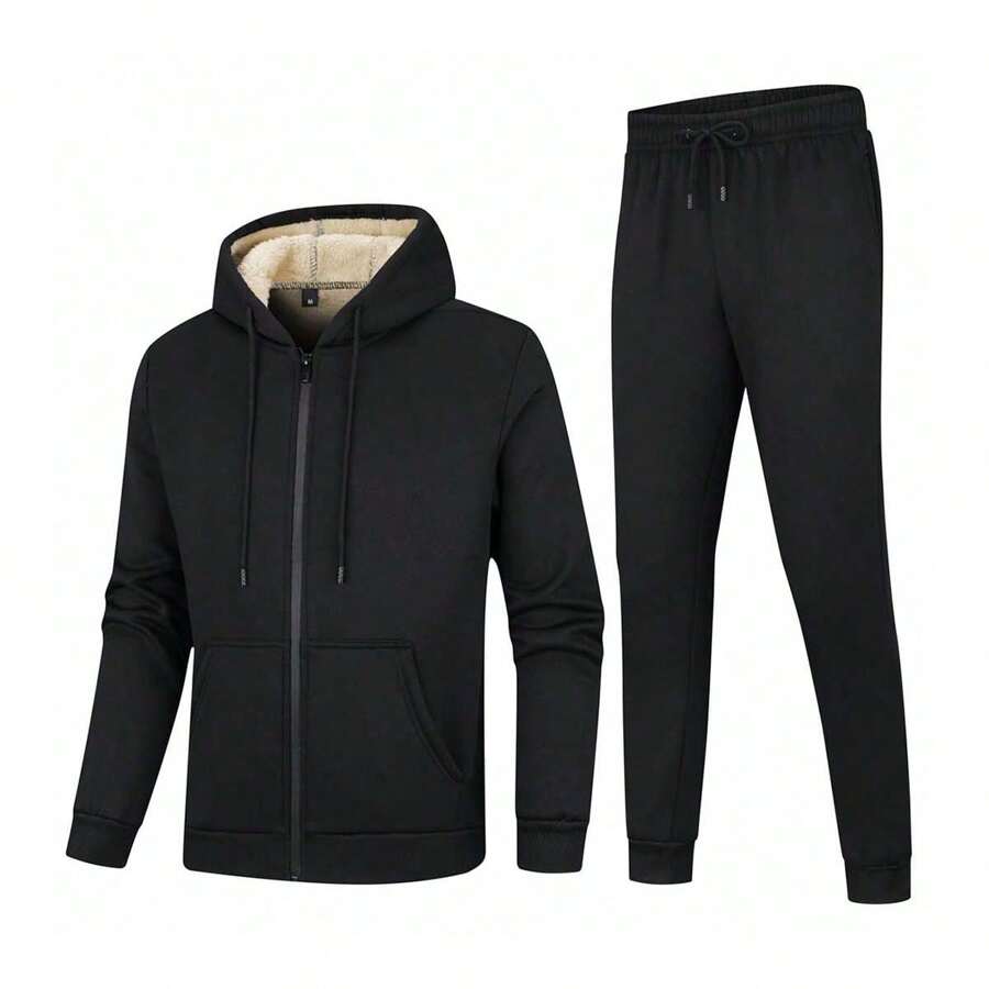 Winter Boyfriend Style Men's Fleece Hooded Cardigan Sports Suit, Solid Color Gym Clothes Boyfriend Style Men, Athletic Suit, Tracksuit