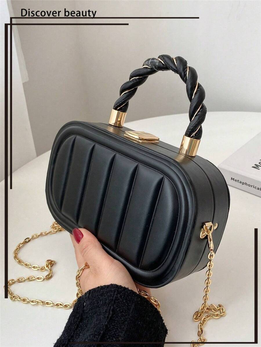 純色 PU 條紋壓紋斜紋時尚橢圓扭紋金屬城市手袋女式 - 黑色 - 查看 1