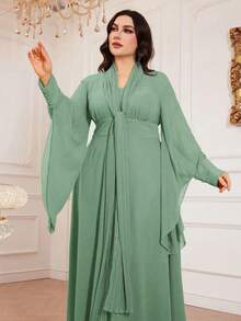 大码女式纯色垂坠领、褶皱领工艺、不对称下摆优雅长袖连衣裙，胸部褶皱、腰部收褶、高腰、柔软、不对称袖子设计，适合各种场合：日常、节日、休闲 - 綠色 - 查看 2