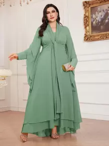 大码女式纯色垂坠领、褶皱领工艺、不对称下摆优雅长袖连衣裙，胸部褶皱、腰部收褶、高腰、柔软、不对称袖子设计，适合各种场合：日常、节日、休闲 - 綠色 - 查看 1