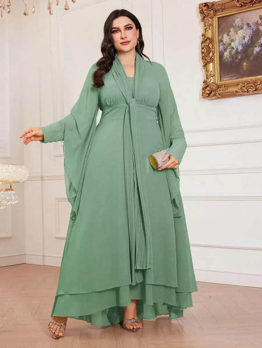 大码女式纯色垂坠领、褶皱领工艺、不对称下摆优雅长袖连衣裙，胸部褶皱、腰部收褶、高腰、柔软、不对称袖子设计，适合各种场合：日常、节日、休闲 - 綠色 - 查看 1